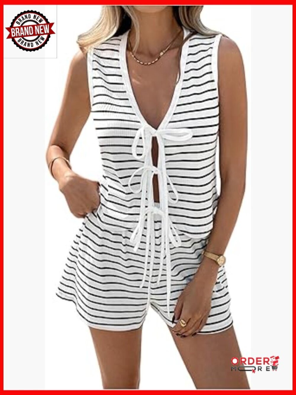 2 Piece Striped Summer Tank Top & Shorts Set Sleeveless Pull On
